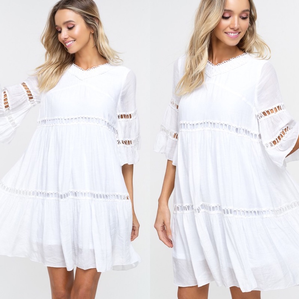 Boho white Lace insert flounce sleeve Mini dress - Picture 2 of 4
